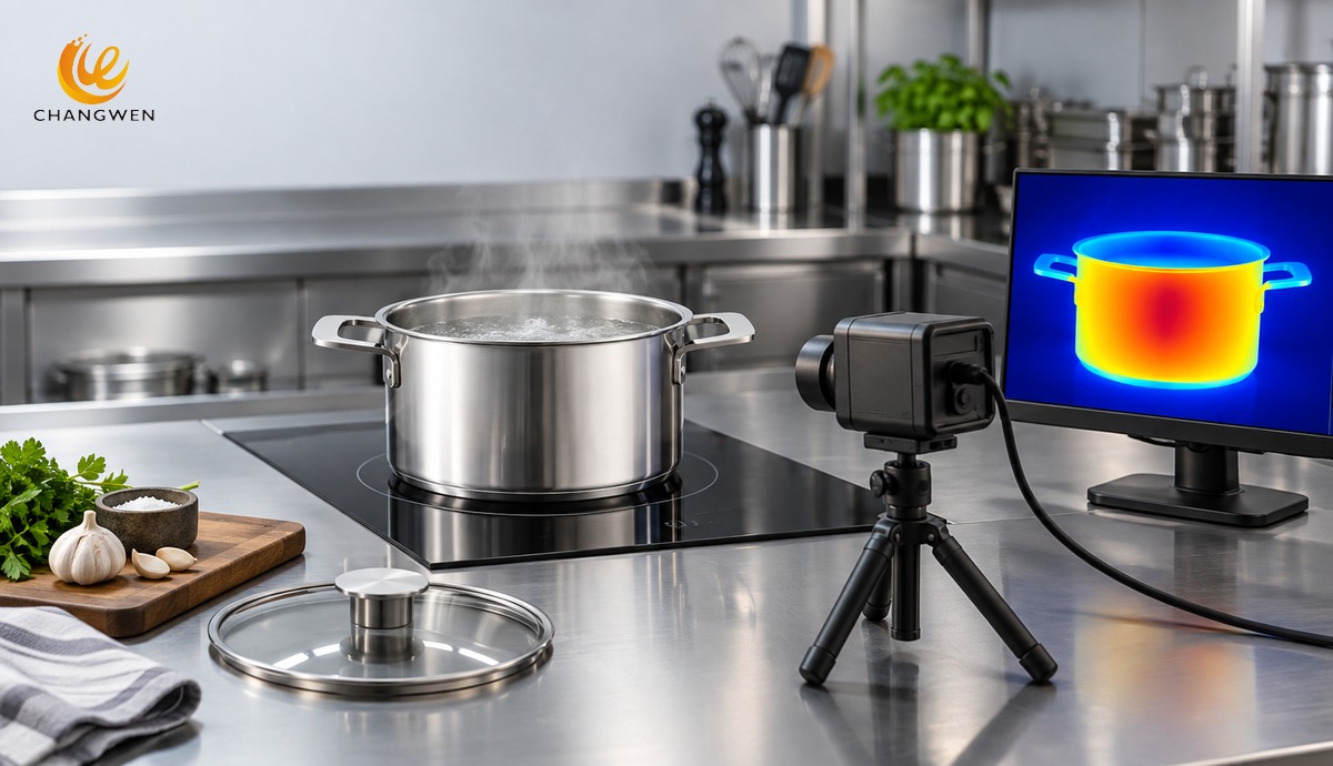 Испытание нагрева кастрюли Tri-Ply на индукционной плите с тепловизором